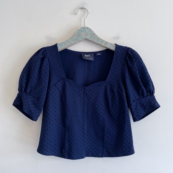 Maeve Sevigny Top Blue Mini Dot Puff Sleeve Top - Picture 1 of 6